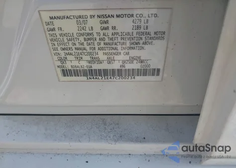 2007 Nissan Altima 2.5 S from USA, damaged, VIN 1N4AL21E47C200234